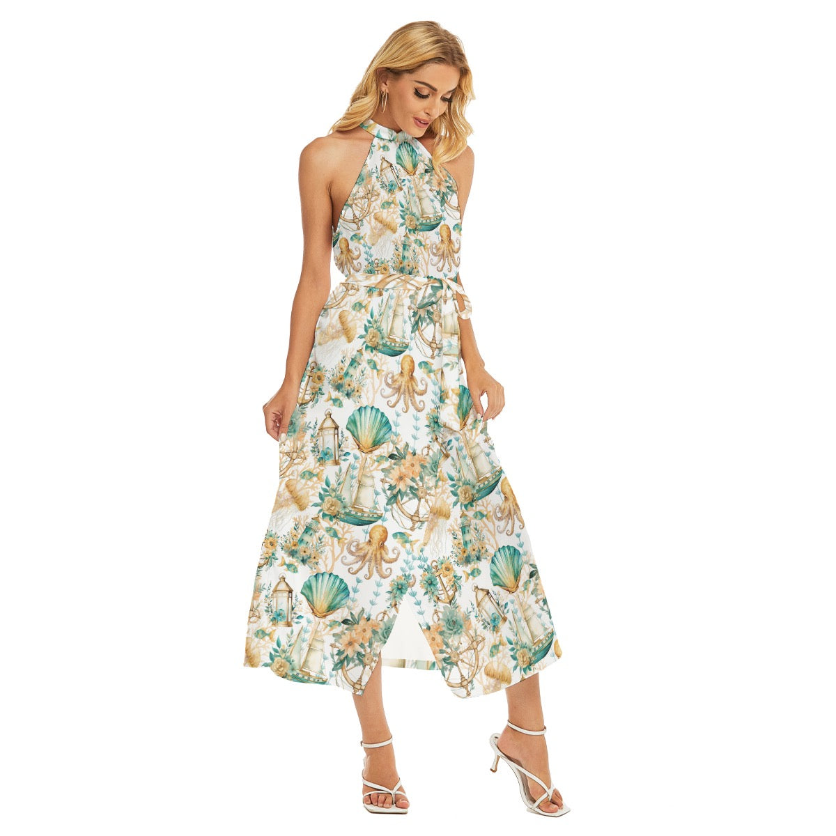 Nothing Nautical About It Women's Wrap Hem Belted Halter Dress