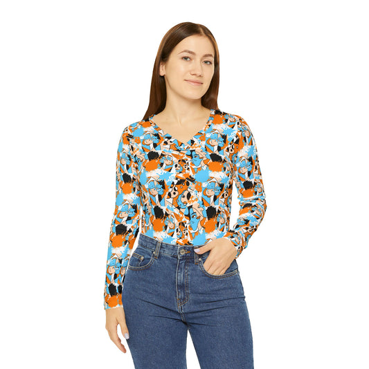 Abstract Faces Long Sleeve V-neck Shirt