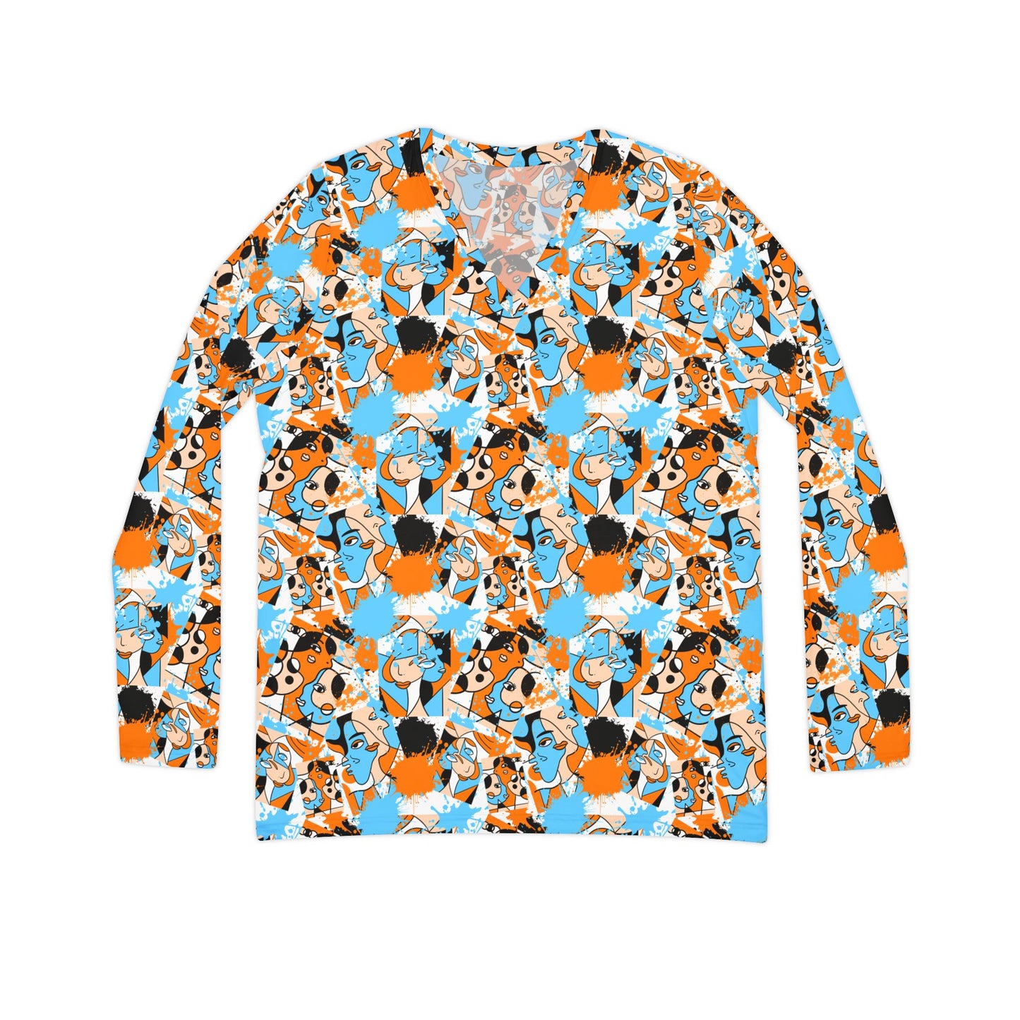 Abstract Faces Long Sleeve V-neck Shirt