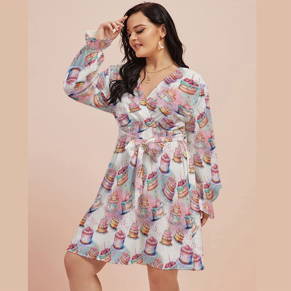Birthday Cake Women's V-neck Dress With Waistband(Plus Size)
