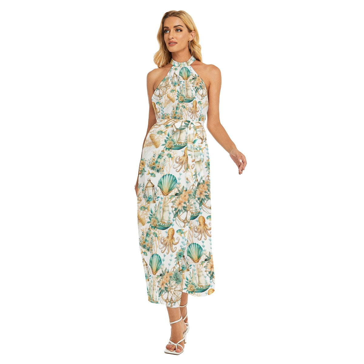Nothing Nautical About It Women's Wrap Hem Belted Halter Dress