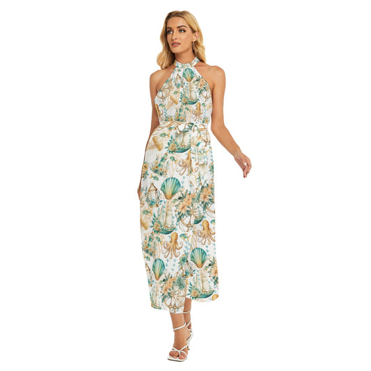 Nothing Nautical About It Women's Wrap Hem Belted Halter Dress