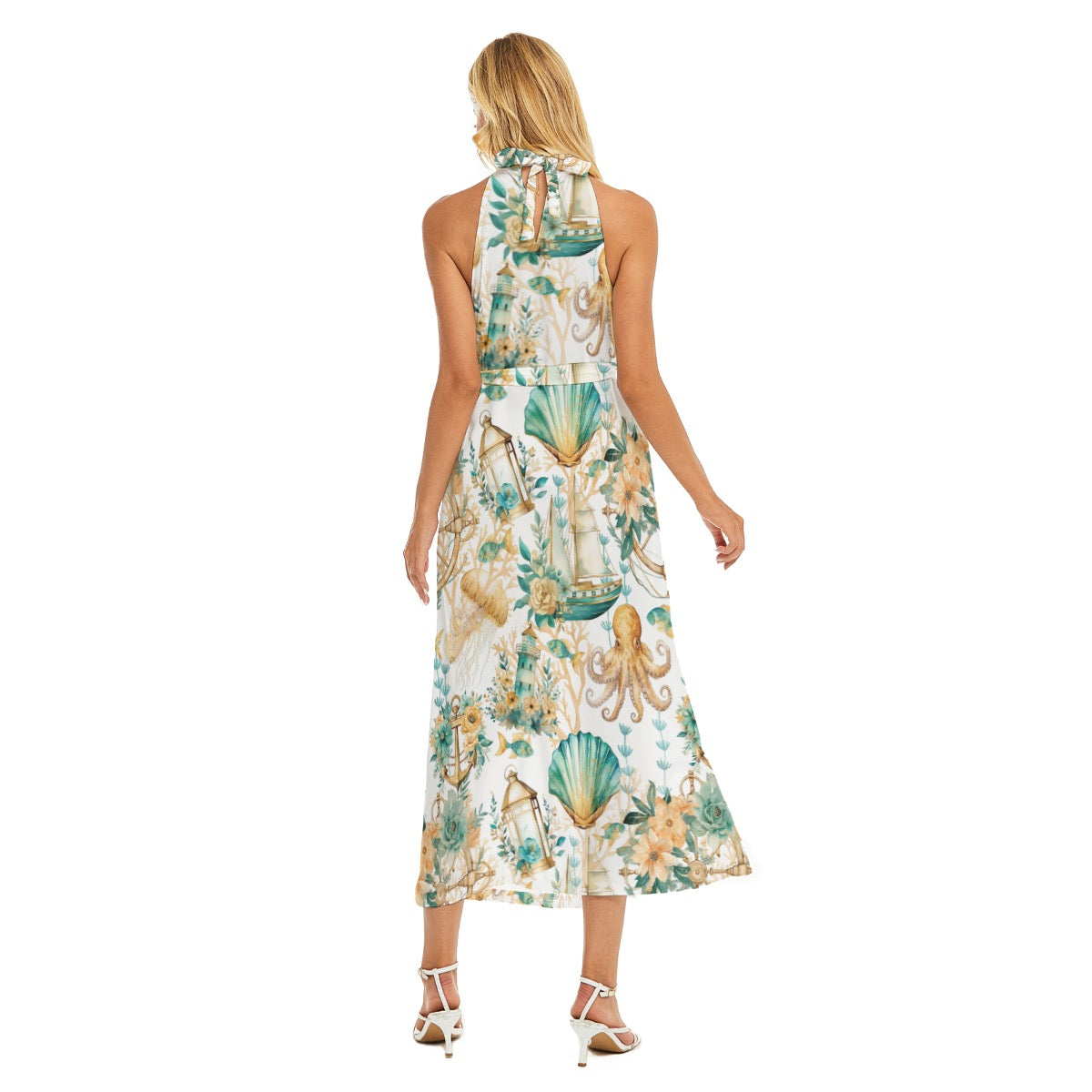 Nothing Nautical About It Women's Wrap Hem Belted Halter Dress