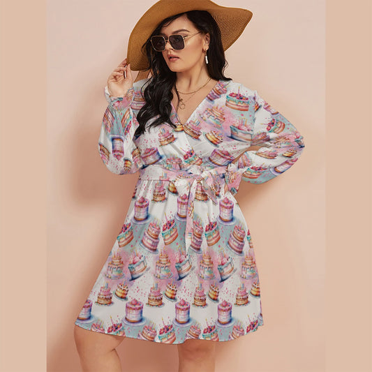 Birthday Cake Women's V-neck Dress With Waistband(Plus Size)