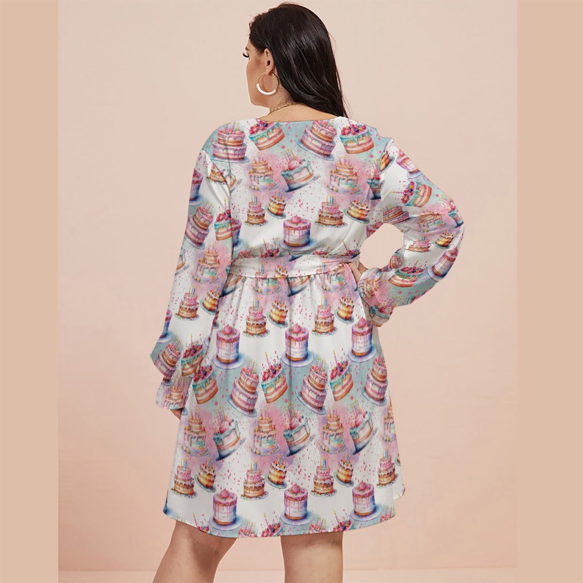 Birthday Cake Women's V-neck Dress With Waistband(Plus Size)