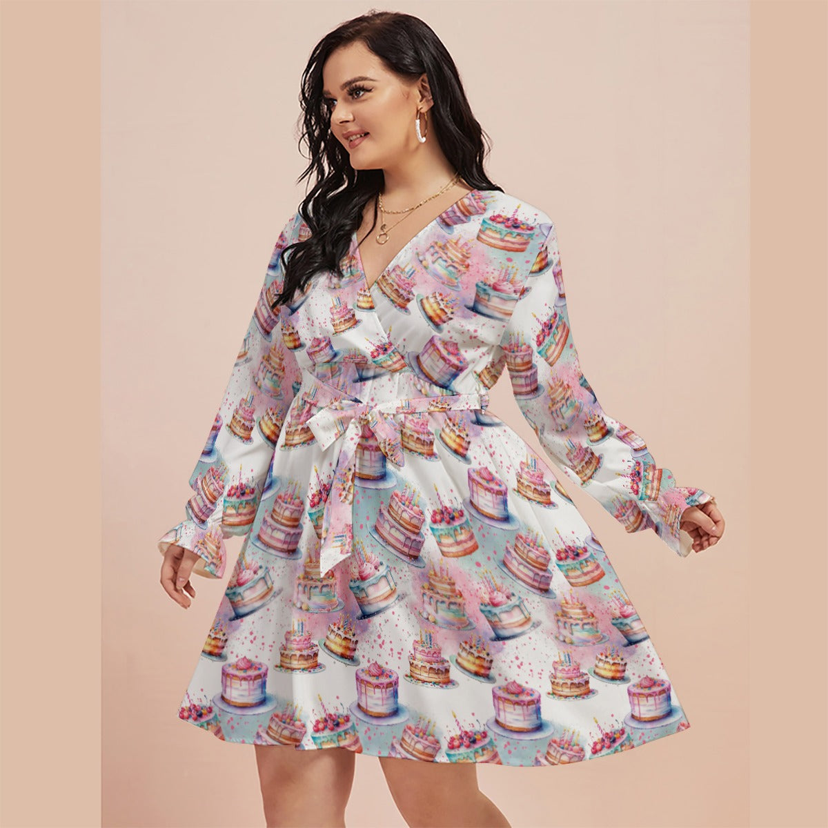 Birthday Cake Women's V-neck Dress With Waistband(Plus Size)