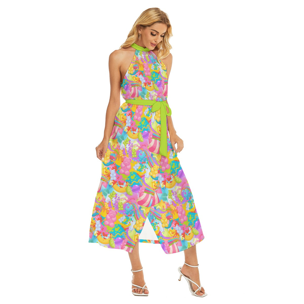 Gummy Bear Women's Wrap Hem Belted Halter Dress