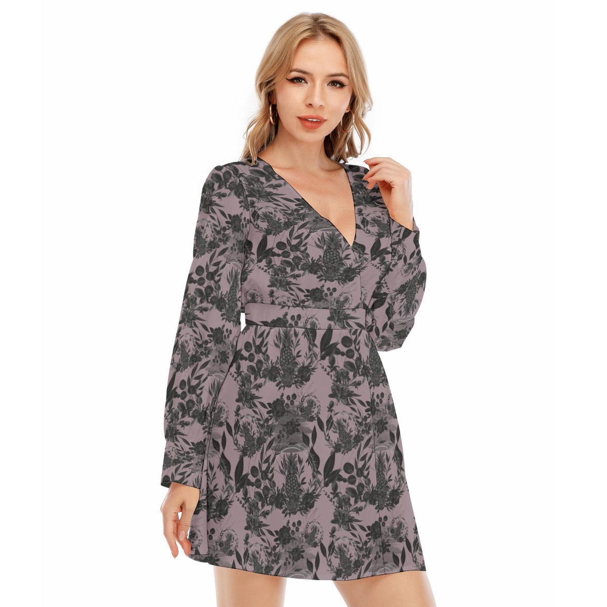 Dark Side Of Pineapples Women's Deep V-neck Front Cross Long Sleeve Dress