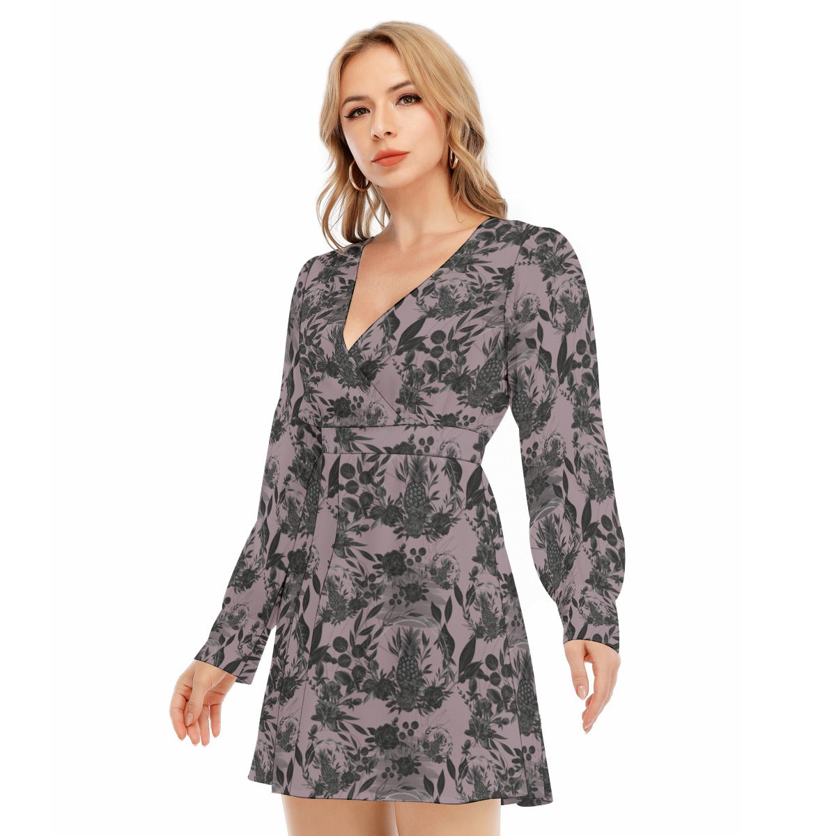 Dark Side Of Pineapples Women's Deep V-neck Front Cross Long Sleeve Dress